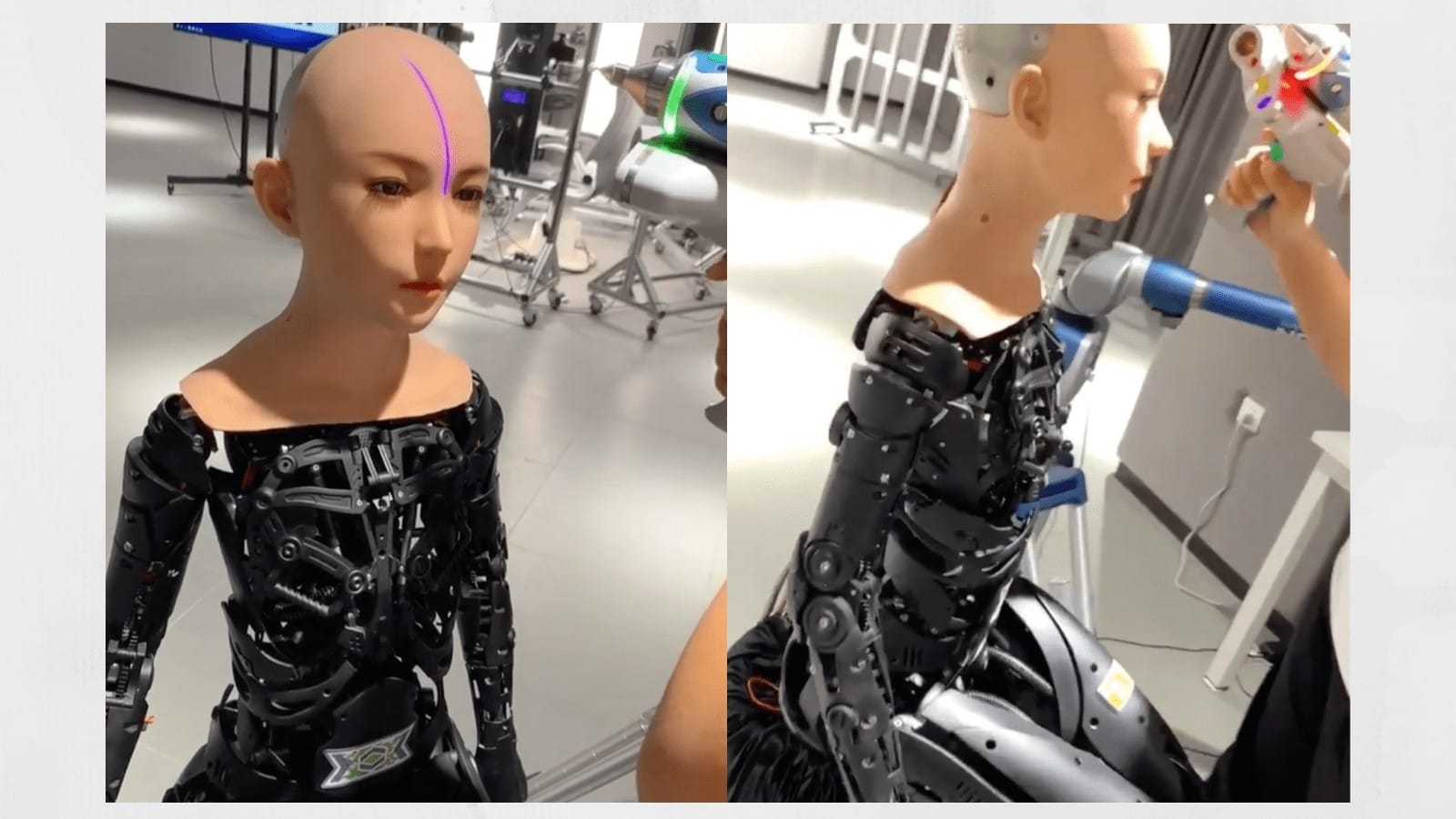 Two pictures of a 3D-printed mannequin in a lab.