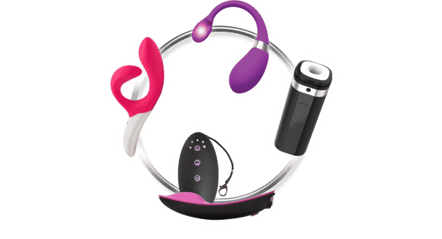 A Flirt4Free interactive ring and device in vibrant pink, purple, and black design.