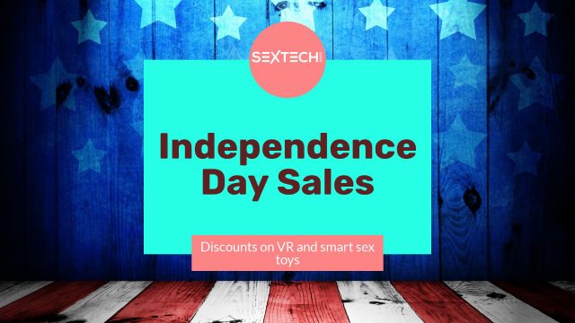 A patriotic American flag with Independence Day branding showcasing discounted VR and smart sex toys for the 4th of July sale.
